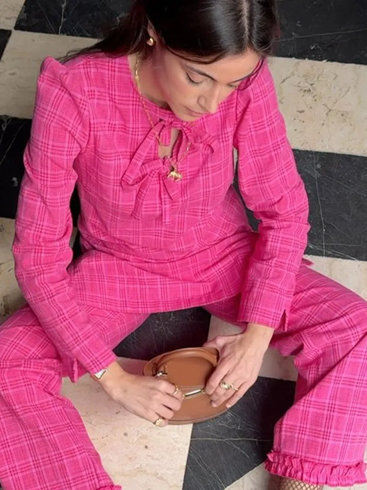 2025 женские элегантные клетчатые комплекты с широкими брюками и оборками модные