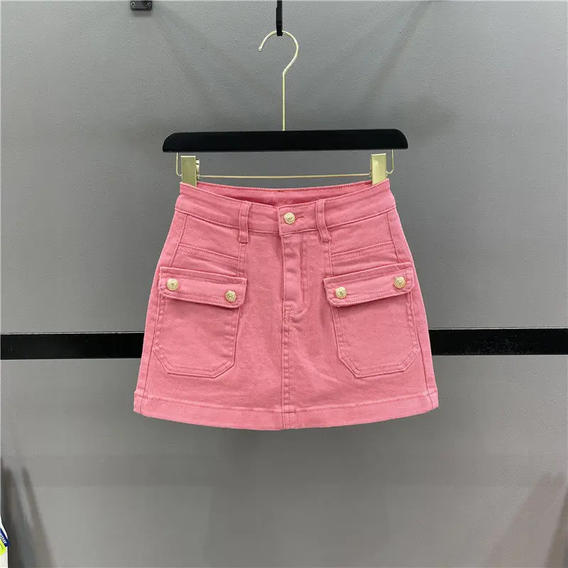 Pink denim short skirt women's 2022 summer new tooling pocket high waist word bag hip skirt   sexy pleated mini skirt