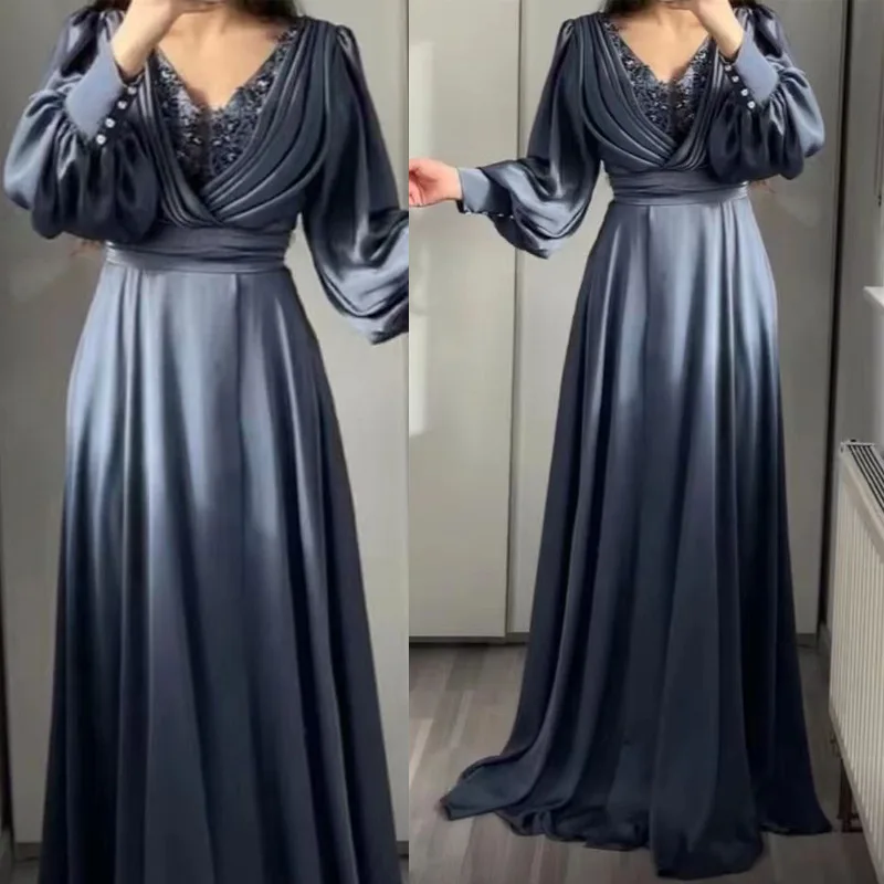 

Wepbel Ruffled Dinner Dress Women Mid-Waist Fashion Slim Fits Lace Long Evening Dress High Waist Solid Color V-neck Maxi Dress