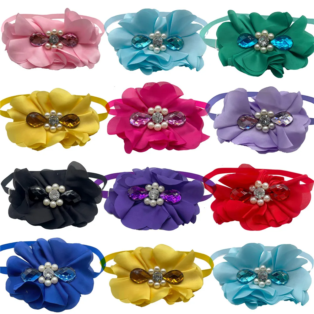 

50pcs Pet Accessories Midde Large Dog Flowers Collar Chiffon Flower Handmade Bow Tie Necktie Pet Grooming Bows Dog Accessories