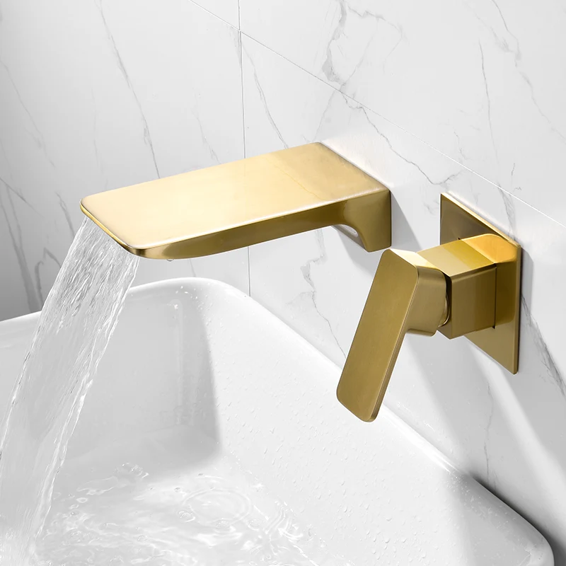 

Bathroom Wall Mounted Brushed Gold Single Handle Bathroom Basin Mixer Faucet