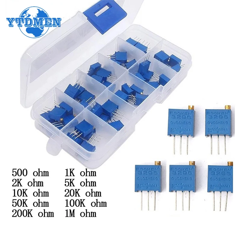 

50 шт./лот 3296 Вт серия 500R 1K 2K 5K 10K 20K 50K 100K 200K 1M многооборотный потенциометр 10K переменные резисторы с набором в коробке