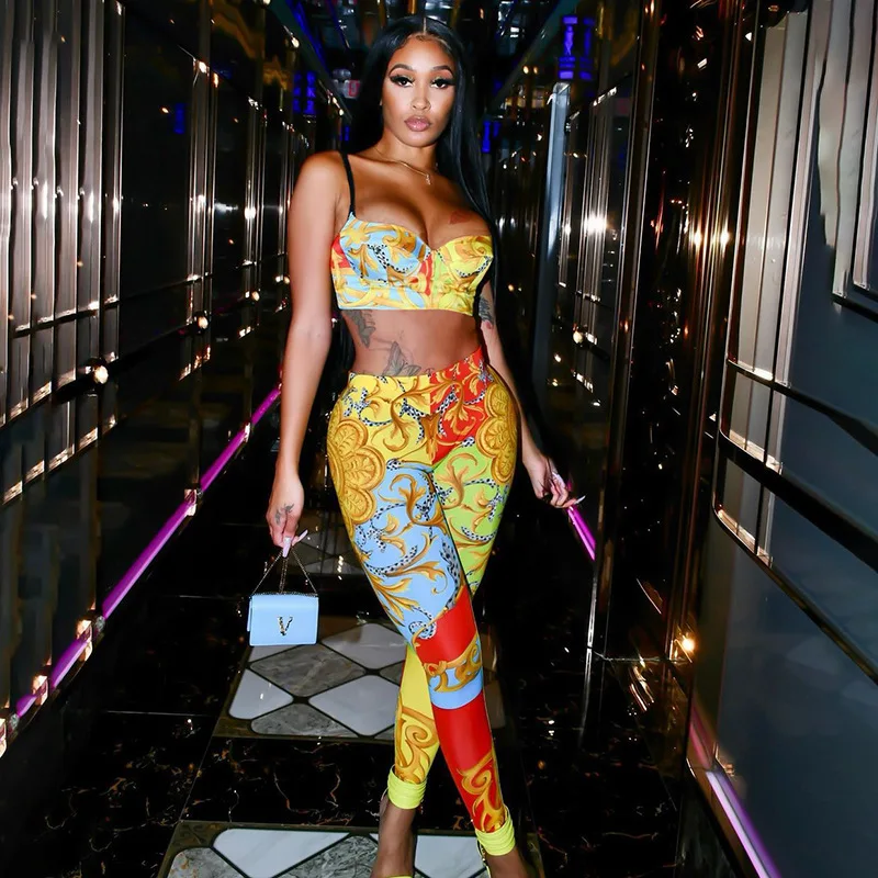 

2022 women's summer style starfish print sleeveless suspender T-shirt high waist tight pants women's tight print two-piece set