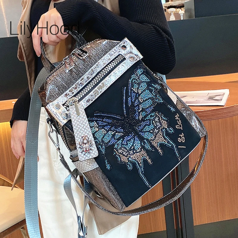 

Women Fashion Shiny Leather Backpack 2022 Female Rhinestone Diamonds Big Capacity Butterfly Daily Feminine Black Knapsack Bag