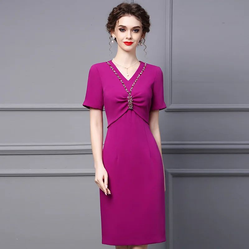 

Фиолетовые модные женские платья с коротким рукавом, V-образным вырезом и бисером, трапециевидные плиссированные облегающие Женские платья до колен для свадьбы и выпускного, 2023