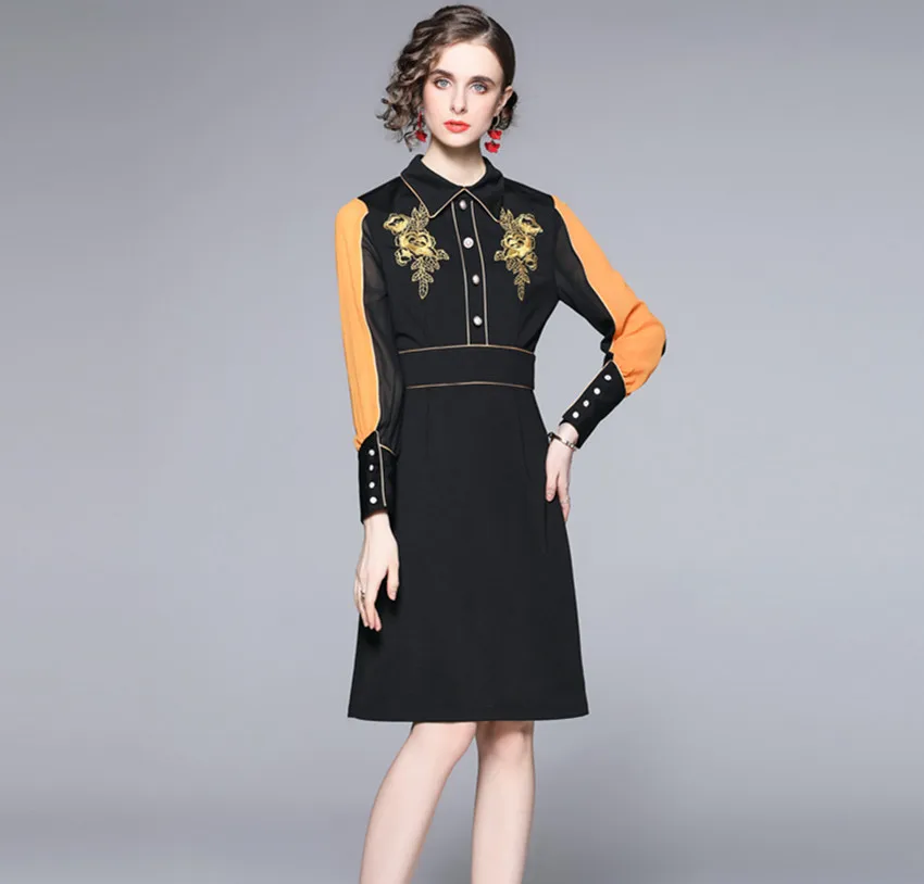 

Женское платье-рубашка с цветочной вышивкой, винтажное праздничное платье трапециевидной формы на пуговицах с рукавами-фонариками, новинк...