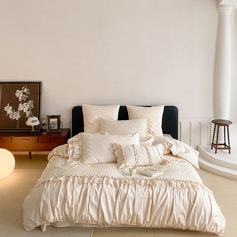 

Romantic French Princess 4/5Pcs Bedding Set 100S Egyptian Cotton Lace Ruffles Patchwork Pleat Duvet Cover Bed Sheet Pillowcase