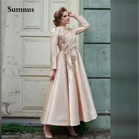 sumnus vintage champagne a line prom dress ankle length appliques party graduation gowns high neck long sleeve formal dresses