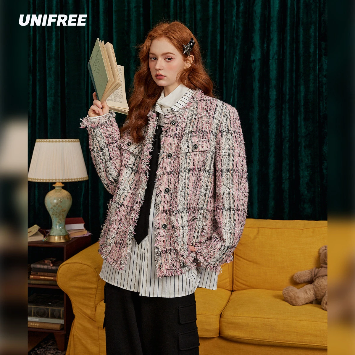 

UNIFREE O-neck Stripe Cotton Jackets Women Long Sleeves Loose Fashion Coat Korean Style Casuals Single-breasted Jacket