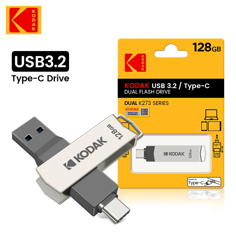 

100% Оригинальный металлический USB-накопитель KODAK USB3.2, флеш-накопитель K273 USB3.2 Gen1 Type C OTG, высокоскоростная Флешка 128 ГБ для автомобильного ноутбука