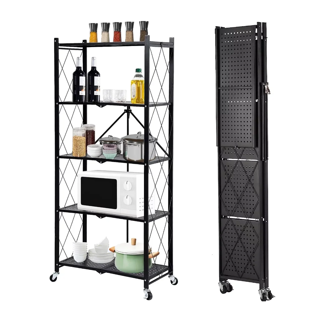 

Vebreda Storage Shelves,5-Tier Foldable Heavy Duty Metal Shelf with Wheels,Garage Shelf,Metal Storage Rack