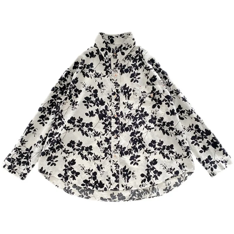 Женская Свободная блузка с длинным рукавом хлопковая однобортная Повседневная