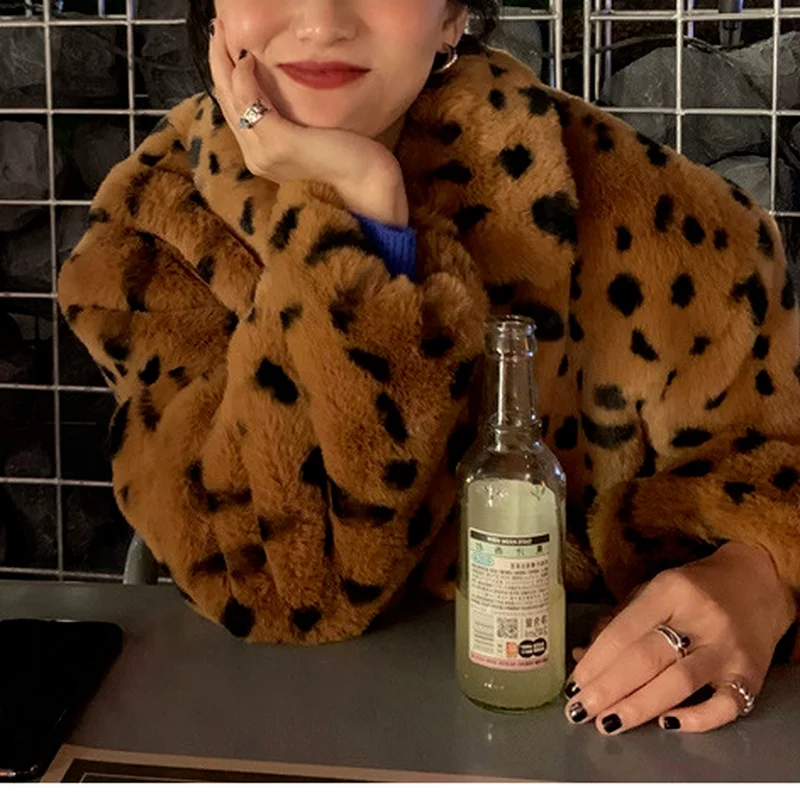 Harajuku Plush Winter Clothes New Faux Fur Leopard Print Fur Coat Fur One Female Furry Cardigan Coat Lamb Hair Fur Jacket Women