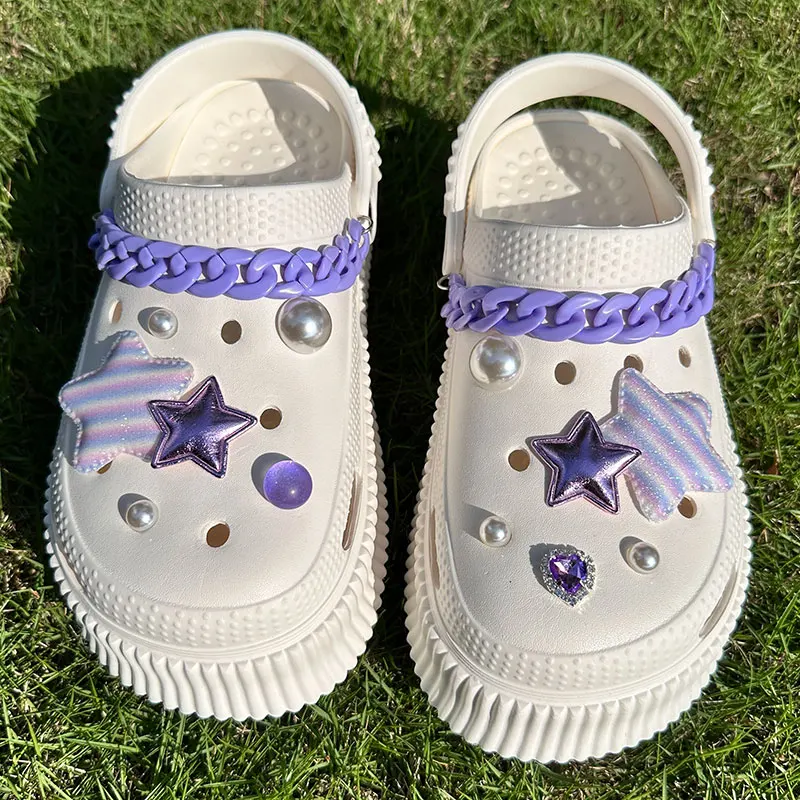 Y2K Stars Shoes Charms Purple Chunky Acrylic Chains Vintage Bling Heart Rhinestones Starry Sky Pearl Accessories Shoe Jewelry