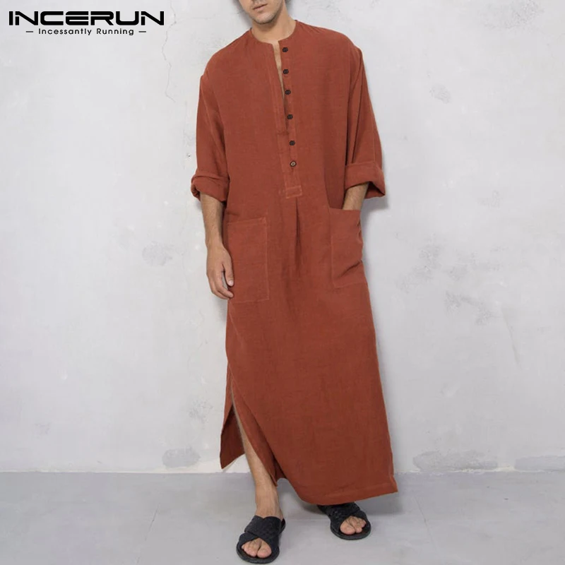 INCERUN 2022 Men's Islamic Arabic Muslim Kaftan Long Sleeve Solid Jubba Thobe Male Loose Pockets Saudi Arabia Abaya Robes S-5XL