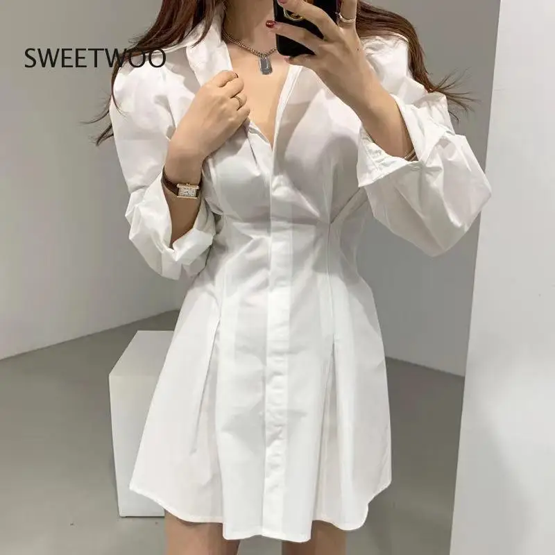 

Chic Dress Korean Fashion Women Temperament Office Lady Elegant Work Basic Wear Solid Vintage Shirt Dress for Female 2022 New