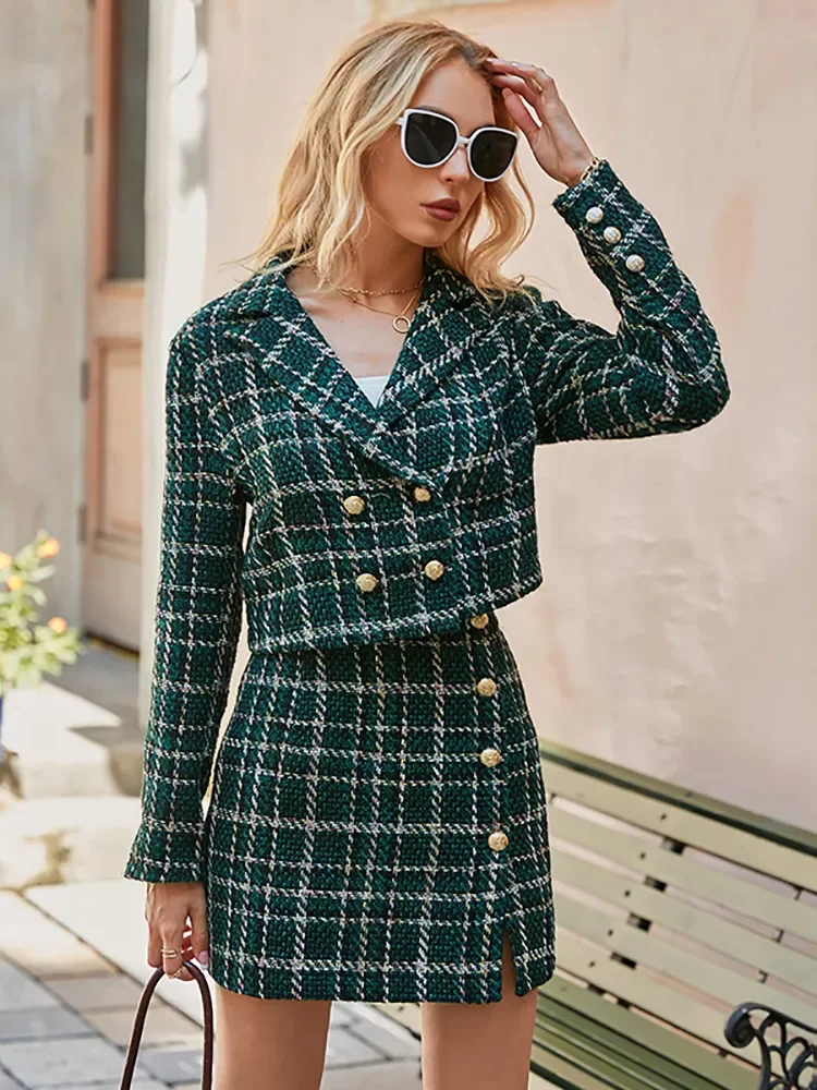

Office plaid women blazer coat green Elegant high waist split female mini skirt Fashion lapel long sleeve button blazers