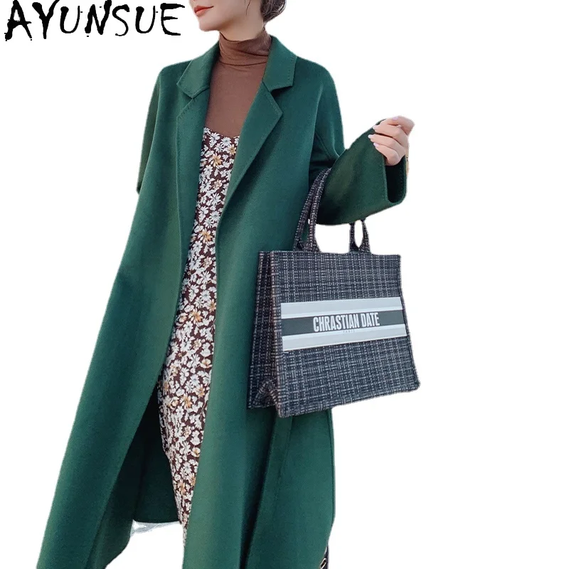 

Ayunsue 100% Wool Coat Women Winter Jacket Handmade Water Ripple Cashmere Overcoat Belted Trench Coat Female Casaco Feminino