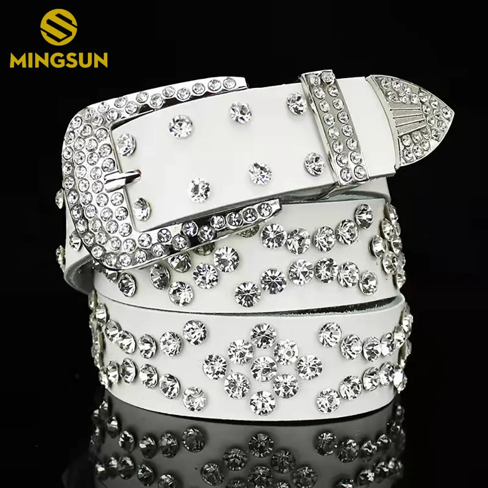 Western Cowgirl Cowboy Style Rhinestones Belt Bling Studded Crystal Belts For Women Men Fashion Genuine Leather belt Street Punk