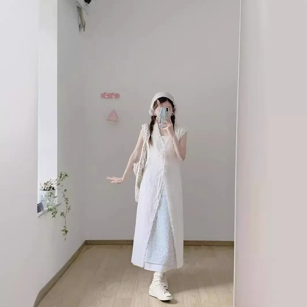 Летнее корейское нежное стильное платье-жилет с деревянным краем уха и бантом