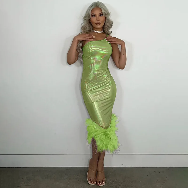 

Furry Hem Shiny Gilding Midi Party Dress Women Sexy Straps One Shoulder Sleeveless Backless Bodycon Night Clubwear Outfits