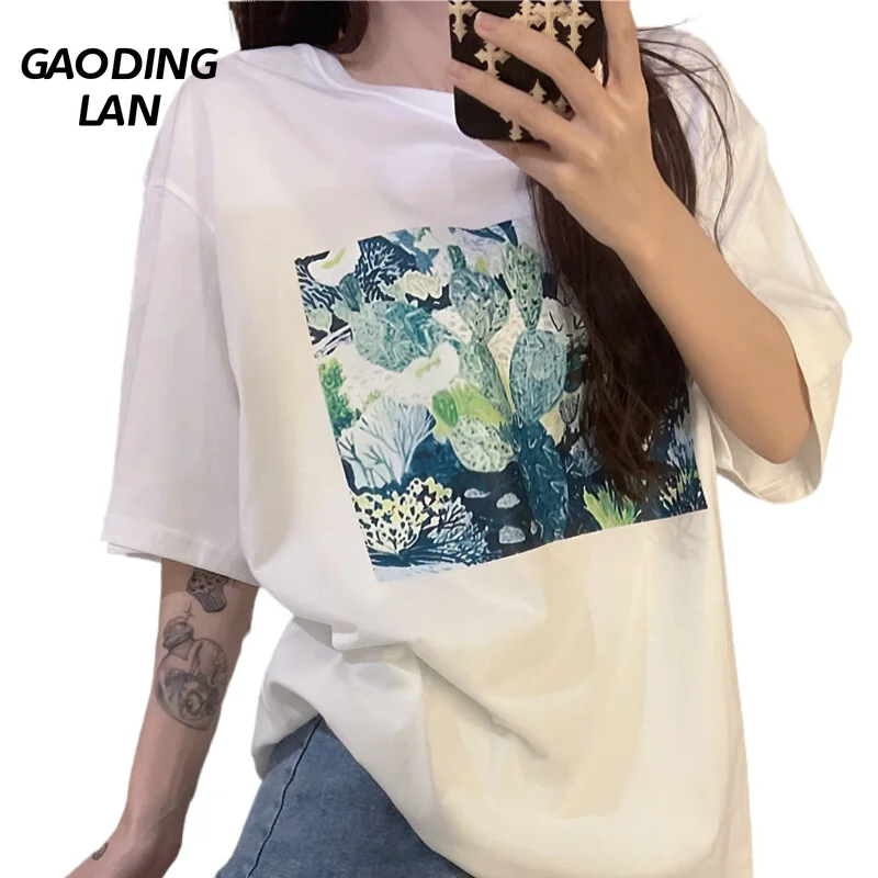 

Женские летние футболки GAODINGLAN из чистого хлопка с коротким рукавом и круглым вырезом, топы большого размера с принтом масляной живописи, св...