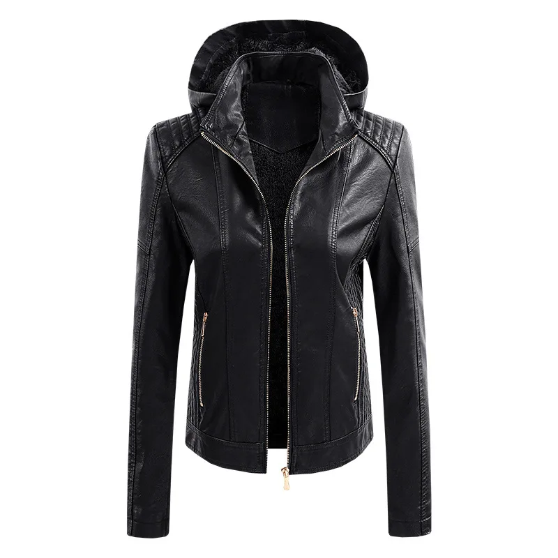 Women's Leather Jackets Detachable Hooded PU Coats 2022 Autumn Fashion Ladies Solid Color jacket All-match