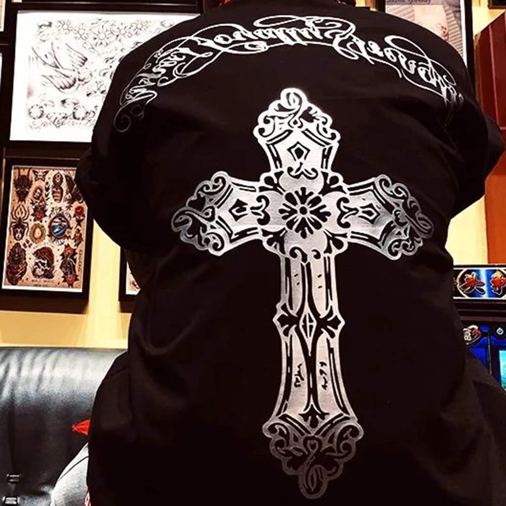 

Casual T-shirt Summer Cotton Retro Street West Coast Bandit Floral Cross Printed Round Neck Loose Round Neck Short Sleeve Men