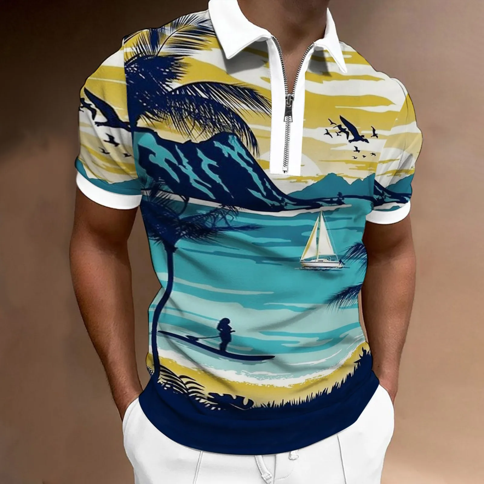 

Футболка мужская с отложным воротником, Модный повседневный Свободный Топ на молнии, с коротким рукавом, с принтом, весна-лето