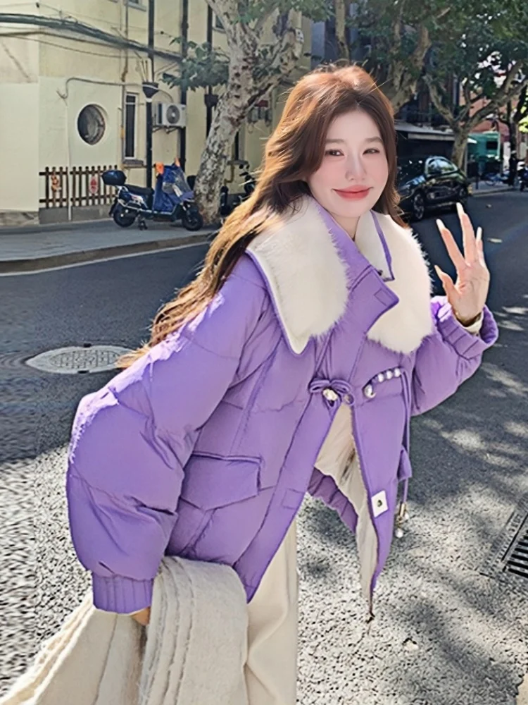 Фиолетовый большой меховой воротник национальный сладкий пуховик с пряжкой