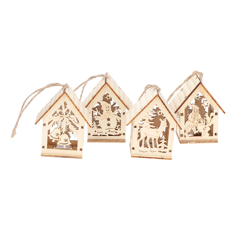 

DIY Xmas Tree Ornaments Merry Christmas LED Light Wooden House Luminous Cabin Christmas Decorations Home Kids Gifts New Year