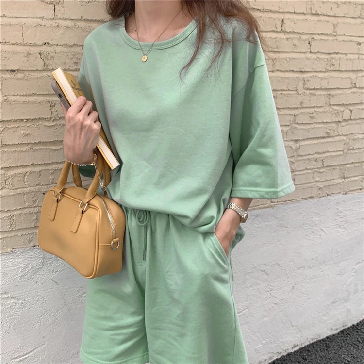

Summer Sweet Sports Two Piece Suit Green White Black Fashion Short Sleeve T-shirt Elastic Waist Short Plus Size Set