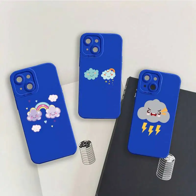 

cartoon cloud rain Rainbow Phone Case For iPhone 13 12 11 Pro MAX Mini X XS XR 7 8 Plus Camera Lens Liquid Silicone Klein Blue
