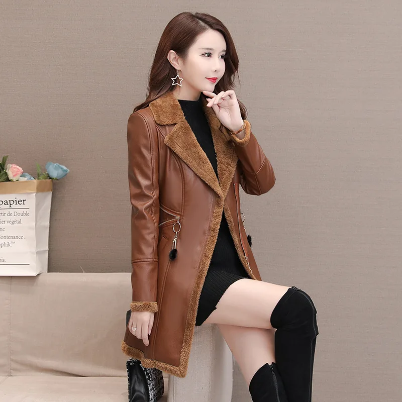 UHYTGF Fleece Winter Leather Female Quality Pu Leather Windbreaker Women Temperament Slim Warm 3XL Big Size Coat Deri Ceket 425