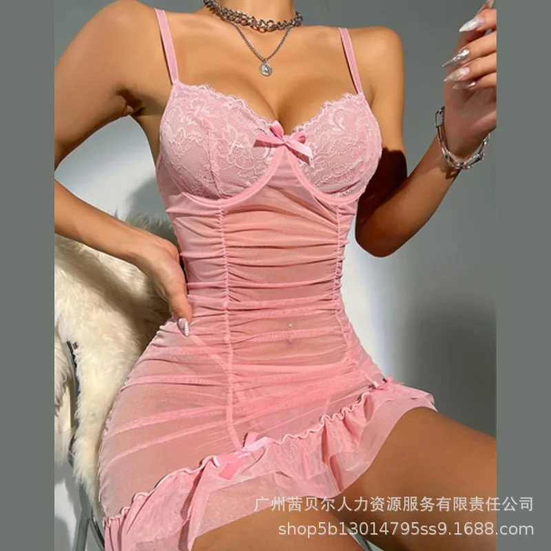 

Ruffle Hem Ruched Sheer Mesh Lace Babydoll Women Sleeveless High Waist Fashion Casual Lingerie Mini Dress Solid Color