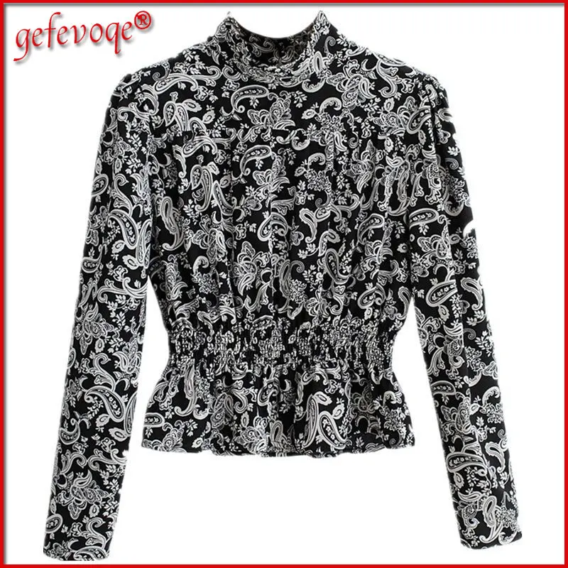 

Vintage Print Ruffle Women's Elegant Blouse Casual Fashion Slim Long Sleeve Plus Size Top Female Clothing 2022 Spring Clothes3XL
