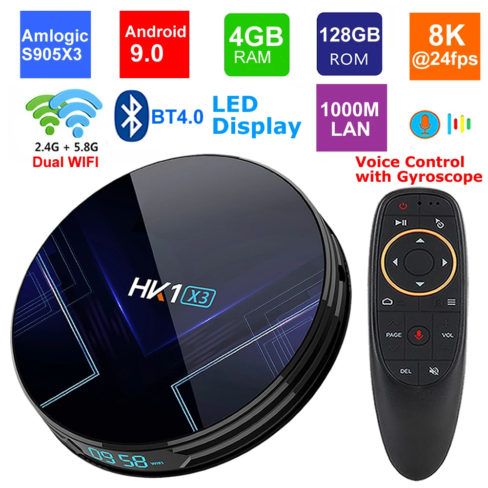 

Android 9.0 Smart TV BOX HK1 X3 Amlogic S905X3 4GB RAM 128GB 2.4G/5G Dual Wifi BT4.0 1000M LAN USB 3.0 H.265 8K TV Set Top Box