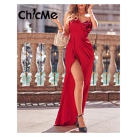 chicme women contrast sequin one shoulder split evening dress red sexy maxi party high slit elegant dress robe longue femme