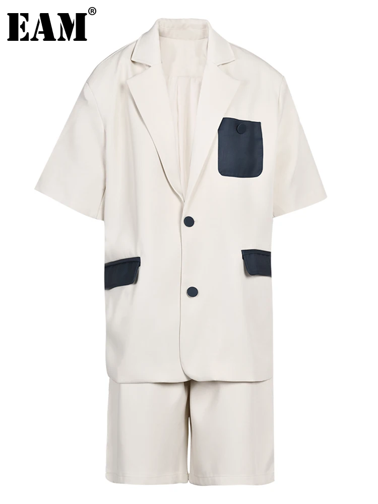 

[EAM] Wide Leg Shorts Apricot Blazer Big Size Two Piece Suit New Lapel Short Sleeve Women Fashion Spring Summer 2023 1DF9360