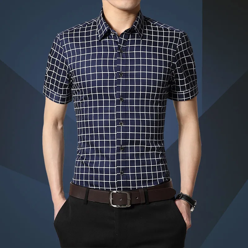 2022 Plaid Men Shirts High Quality Short-sleeved Summer Dress 100% Cotton Shirt Brand Casual Color Solid Collar  Shirts 4XL M667