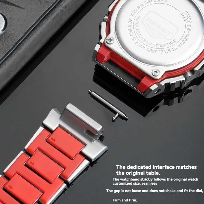 Фото Комплект для модификации часов Casio G-Shock DW-5600 GW-B5600 GW-M5610: корпус и ремешок из нержавеющей стали с красной нижней частью и безелем, металлический комплект для модификации. №3