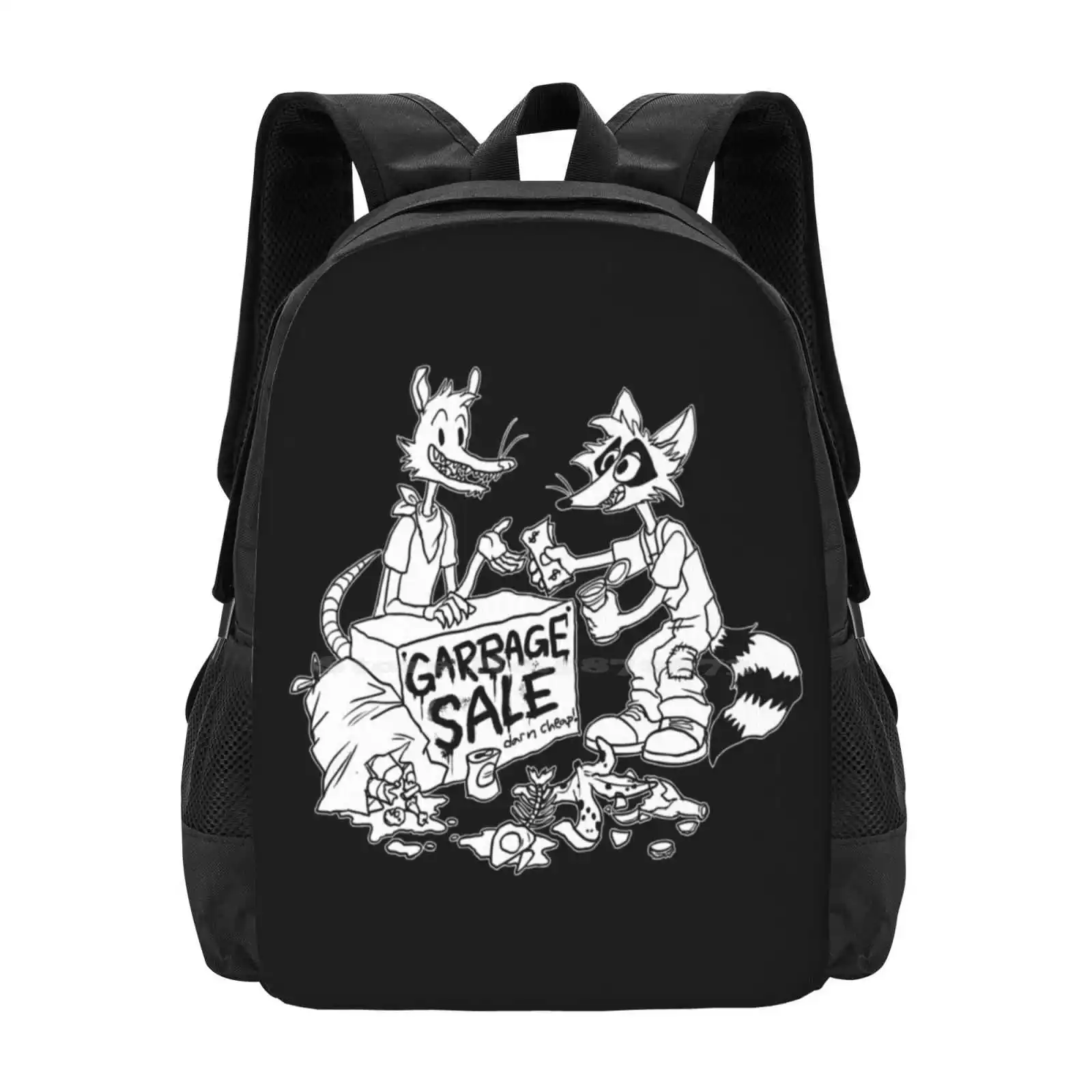 

Garbage Sale School Bag Big Capacity Backpack Laptop Racoon Opossum Cartoon Black And White Garbage Trash Toony Furry Anthro