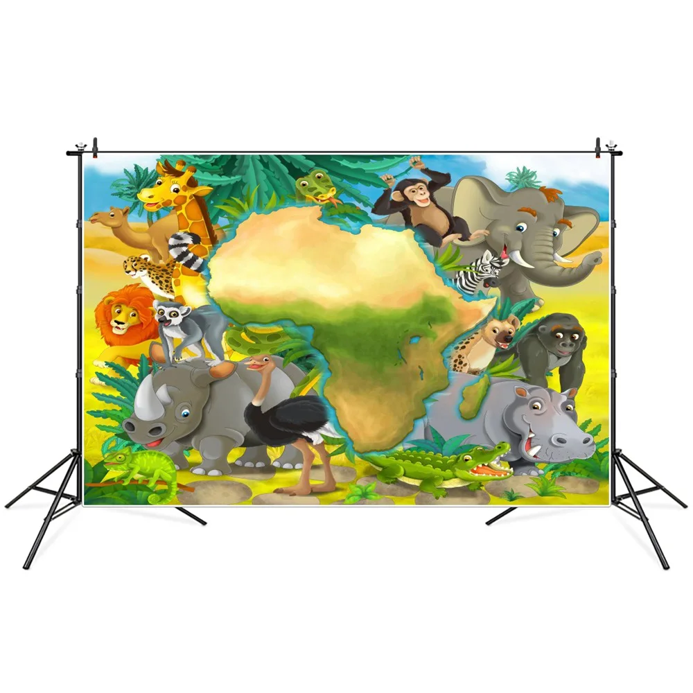 

Africa Jungle Safari Animals Baby Birthday Decoration Photography Backgrounds Map Zoo Elephant Lion Zebra Party Photo Backdrops