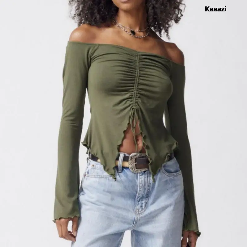 

KAAAZI Long Sleeve Summer Edible Tree Fungus Straight Shoulder Trumpet Sleeve T Shirt Slim Fit Sexy Women Irregularity Crop Top