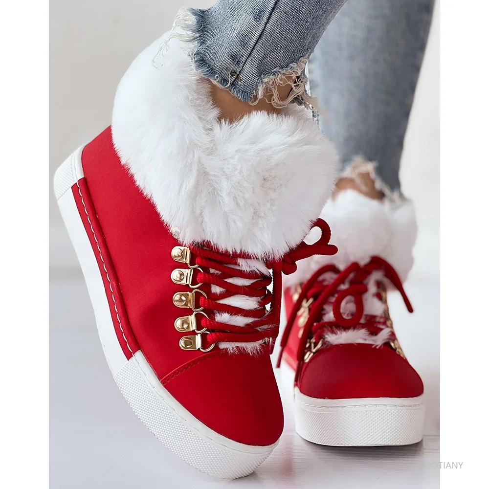 Christmas Winter Women Lace-up Fuzzy Lined Ankle Boots Casual Color Block Round Toe Flat New Year's Day Snow