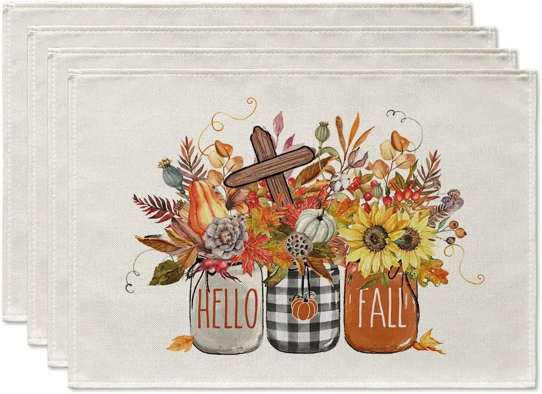 

Hello Fall Placemats Set of 4 12x18 Inch Seasonal Autumn Thanksgiving Cross Pumpkin Sunflower Table Mat for Party Dining