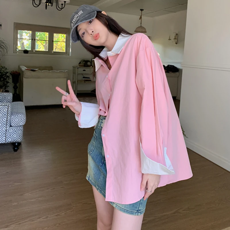 Модный дизайн лоскутные рубашки женские корейские свободные блузки