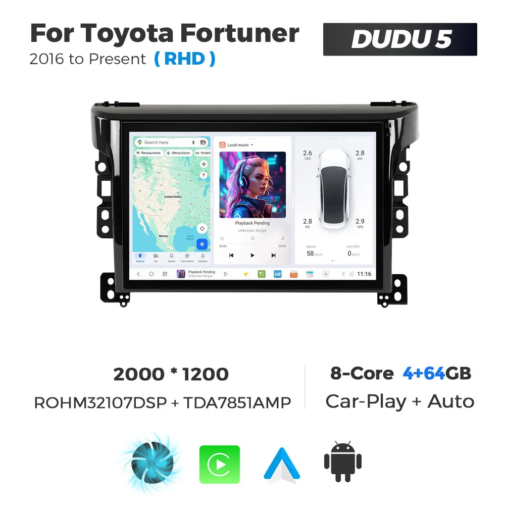 Фото Автомагнитола DUDUAUTO DUDU7 7870 с экраном 11.5 дюймов (2000*1200), Wi-Fi, 4G, для Toyota Fortuner 2016 с поддержкой CarPlay и Android Auto №2