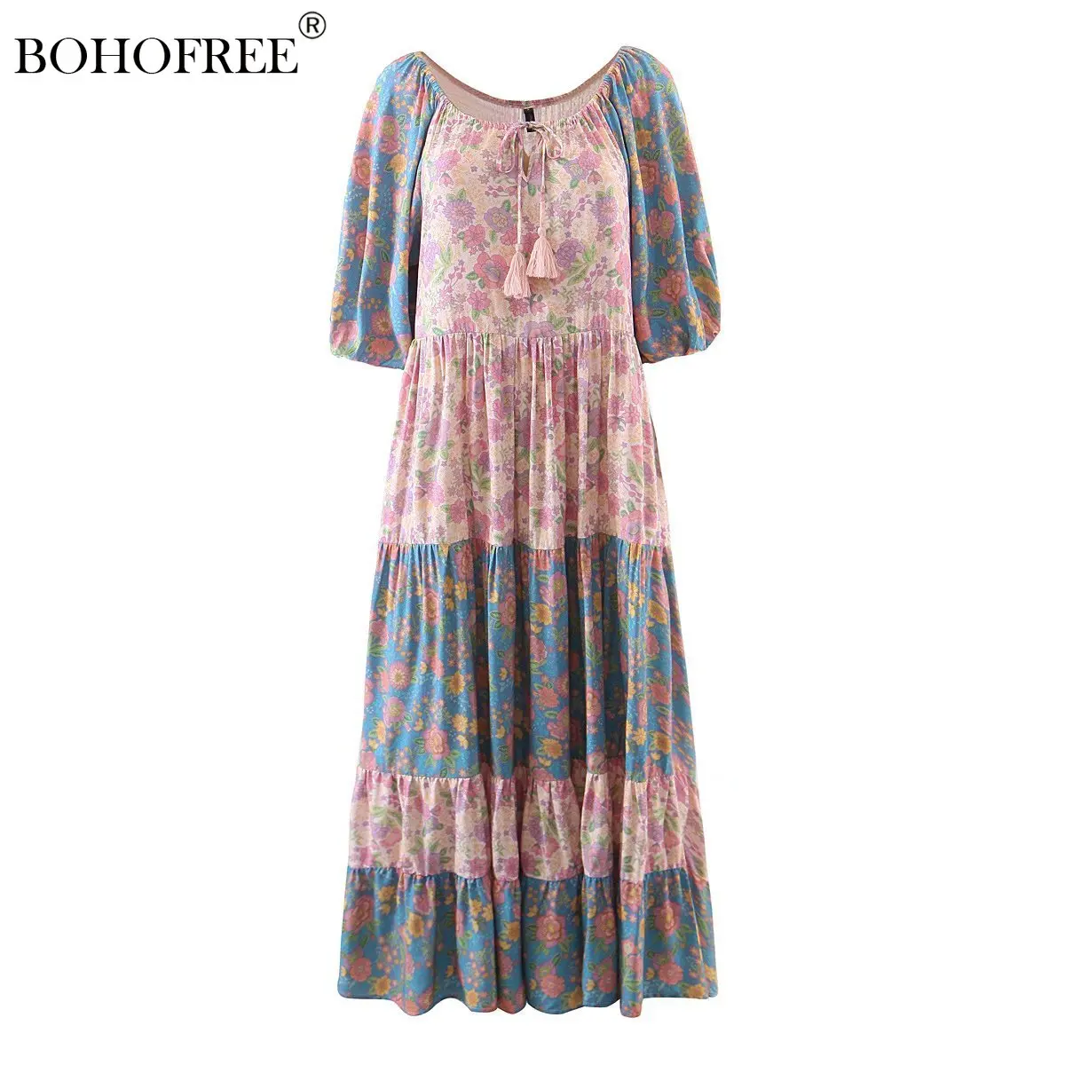 

Винтажное шикарное длинное платье с цветочным принтом, вискозные хлопковые повседневные женские платья с коротким рукавом, пляжная одежда, Макси платья