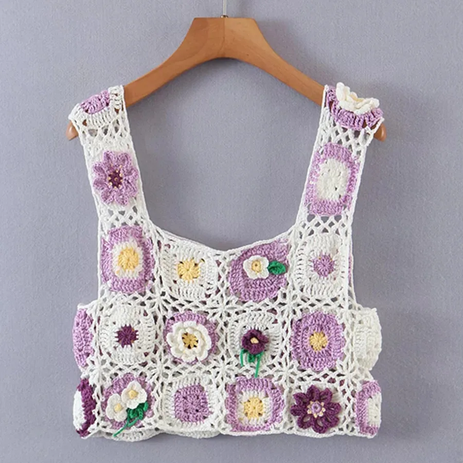 

Elmsk 2022 Indie Folk Beach Holiday Floral Crop Tops T shirts Women Boho Vintage Jacquard Weave Knitted Tank Tops Women